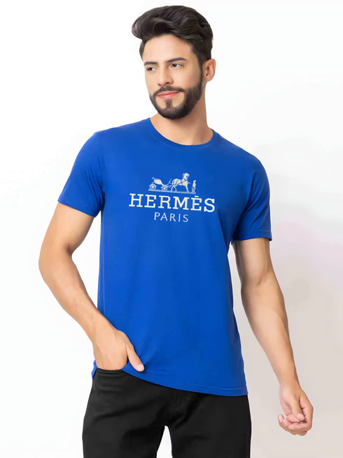 PREMIUM HERMES PARIS T-SHIRT WITH EMBROIDERY LOGO | BLUE
