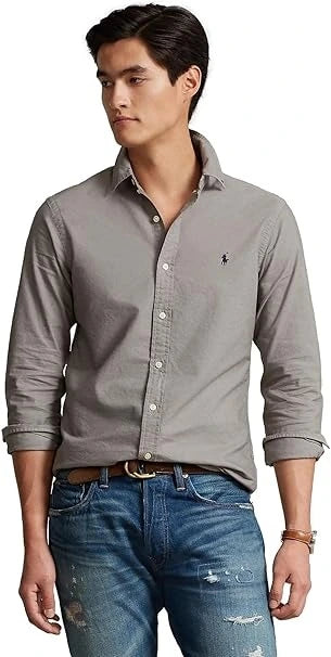 Polo Ralph Lauren custom fit Oxford shirt for men in light grey – classic and stylish.