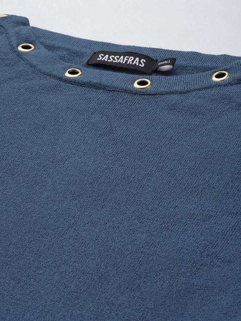 WOMEN BLUE RIB BOAT NECK FULL SLEEVES SWEATER | BLUE