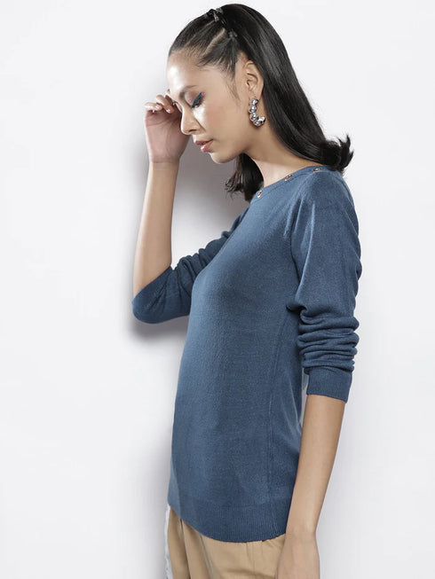 WOMEN BLUE RIB BOAT NECK FULL SLEEVES SWEATER | BLUE