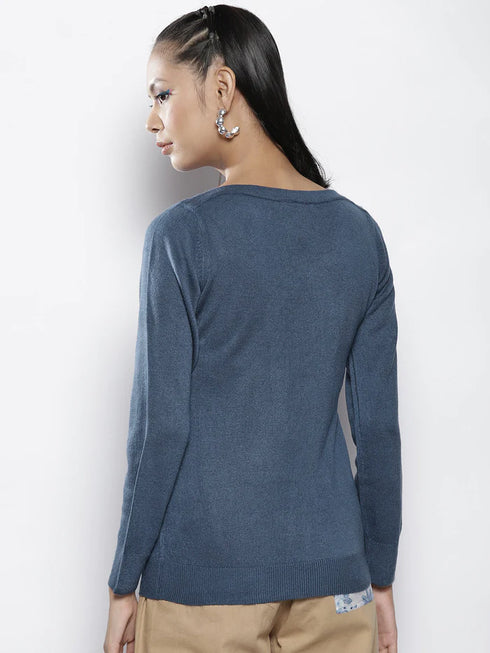WOMEN BLUE RIB BOAT NECK FULL SLEEVES SWEATER | BLUE