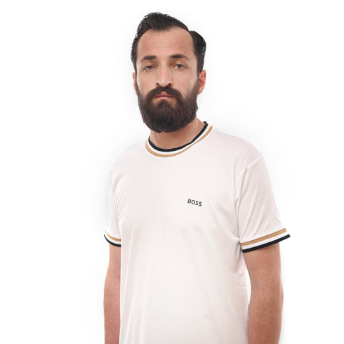 HUGO BOSS X MATTEO BERRETTINI LOGO CREW-NECK T-SHIRT WITH SIGNATURE STRIPES | WHITE