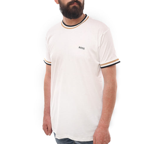 HUGO BOSS X MATTEO BERRETTINI LOGO CREW-NECK T-SHIRT WITH SIGNATURE STRIPES | WHITE