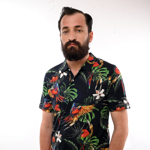 JACK & JONES. TROPICAL PRINT SHORT SLEEVE POLO SHIRT | BLACK