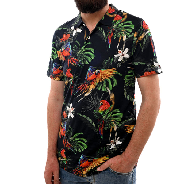 JACK & JONES. TROPICAL PRINT SHORT SLEEVE POLO SHIRT | BLACK