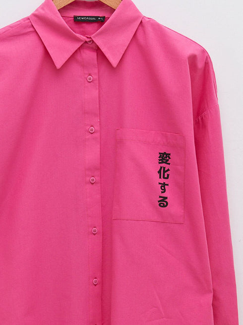 LCW CASUAL BUTTONED PRINTED LONG SLEEVE POPLIN WOMEN'S SHIRT | PINK