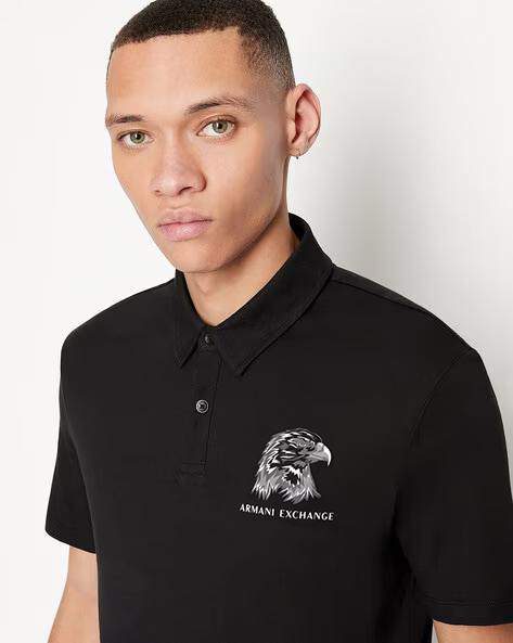 ARMANI EXCHANGE EAGLE LOGO PRINT POLO SHIRT BLACK