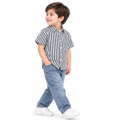 ZARA KIDS NAVY BLUE & WHITE STRIPED SHORT SLEEVE BUTTON DOWN SHIRT
