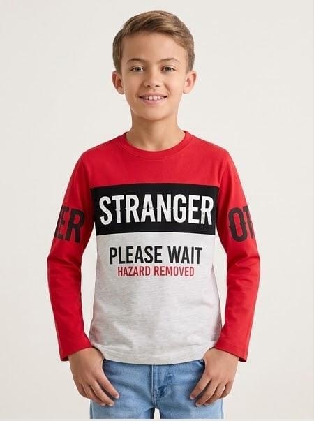 LE PRINTEMPS KIDS "STRANGER PLEASE WAIT " PRINTED FULL SLEEVE T-SHIRT |RED & LIGHT GREY
