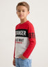 LE PRINTEMPS KIDS "STRANGER PLEASE WAIT " PRINTED FULL SLEEVE T-SHIRT |RED & LIGHT GREY