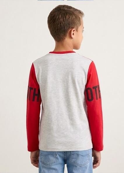 LE PRINTEMPS KIDS "STRANGER PLEASE WAIT " PRINTED FULL SLEEVE T-SHIRT |RED & LIGHT GREY