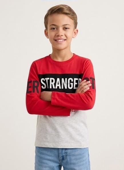 LE PRINTEMPS KIDS "STRANGER PLEASE WAIT " PRINTED FULL SLEEVE T-SHIRT |RED & LIGHT GREY