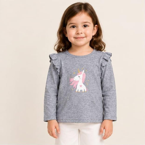VERTBAUDET KIDS PREMIUM GREY UNICORN PRINT FULL SLEEVE T-SHIRT | GREY