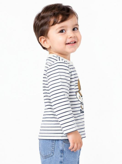 VERTBAUDET KIDS PREMIUM STRIPED BEAR PRINT T-SHIRT FOR BABY BOY