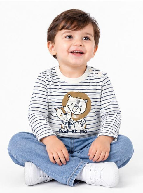 VERTBAUDET KIDS PREMIUM STRIPED BEAR PRINT T-SHIRT FOR BABY BOY