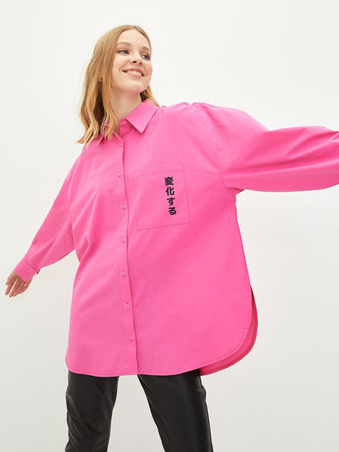 LCW CASUAL BUTTONED PRINTED LONG SLEEVE POPLIN WOMEN'S SHIRT | PINK