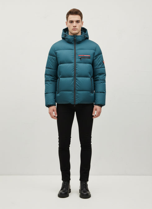 PRADA LUXURY PUFFER JACKET WITH PREMIUM LEATHER DETAILING | VERDE PETROLIO