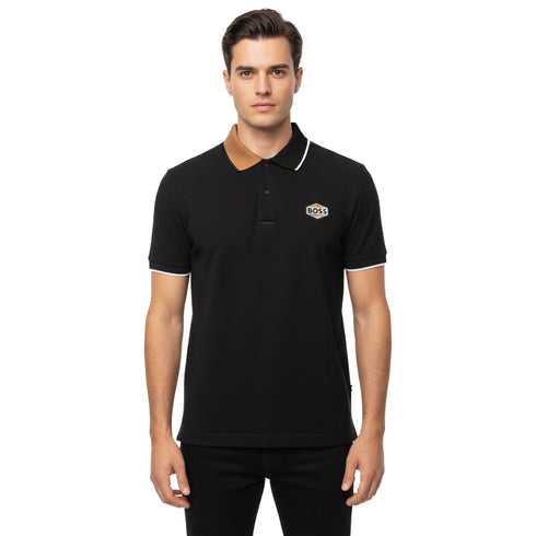 HUGO BOSS REGULAR FIT LOGO-PATCH POLO SHIRT IN COTTON MERERISED | BLACK