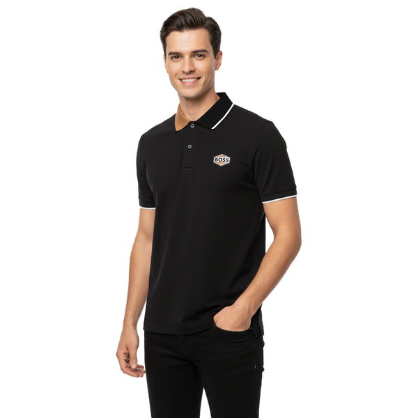 HUGO BOSS REGULAR FIT LOGO-PATCH POLO SHIRT IN COTTON MERERISED | BLACK