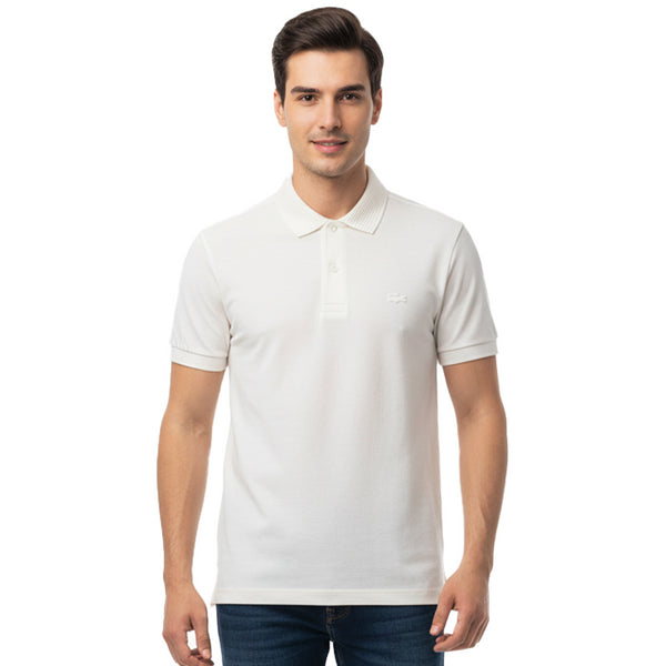 LACOSTE – CLASSIC POLO SHIRT WITH STRIPED COLLAR & EMBROIDERED LOGO | WHITE