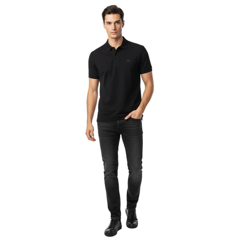 LACOSTE – CLASSIC POLO SHIRT WITH STRIPED COLLAR & EMBROIDERED LOGO | BLACK