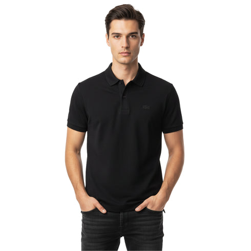 LACOSTE – CLASSIC POLO SHIRT WITH STRIPED COLLAR & EMBROIDERED LOGO | BLACK