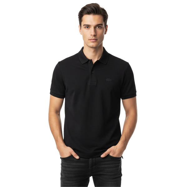 LACOSTE – CLASSIC POLO SHIRT WITH STRIPED COLLAR & EMBROIDERED LOGO | BLACK