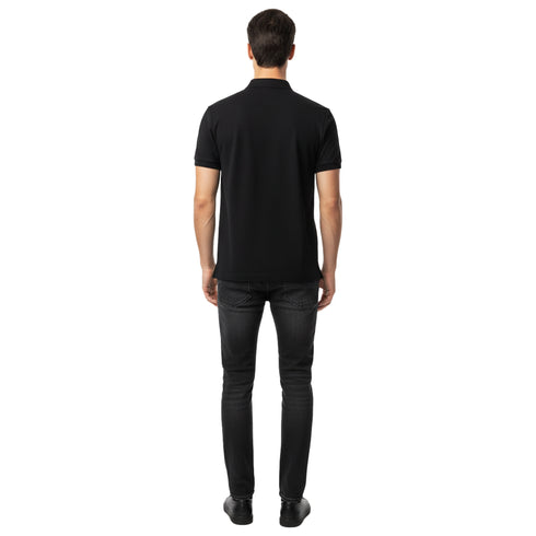 LACOSTE – CLASSIC POLO SHIRT WITH STRIPED COLLAR & EMBROIDERED LOGO | BLACK