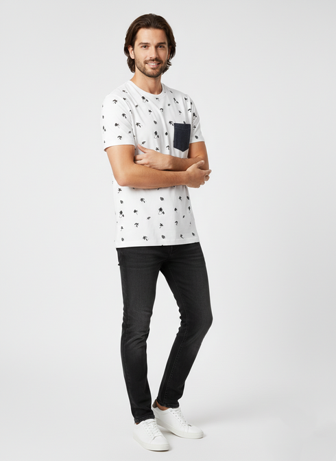 JACK & JONES MEN’S WHITE PRINTED T-SHIRT WITH CONTRAST POCKET | WHITE
