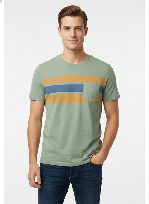 JACK & JONES PPREMIUM MEN’S CASUAL POCKET T-SHIRT – SAGE GREEN WITH CONTRAST STRIPES