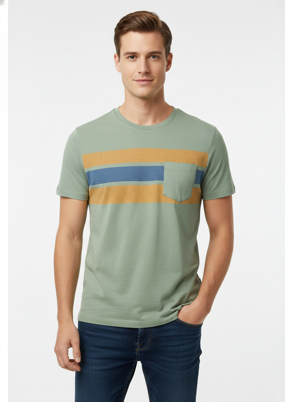 JACK & JONES PPREMIUM MEN’S CASUAL POCKET T-SHIRT – SAGE GREEN WITH CONTRAST STRIPES