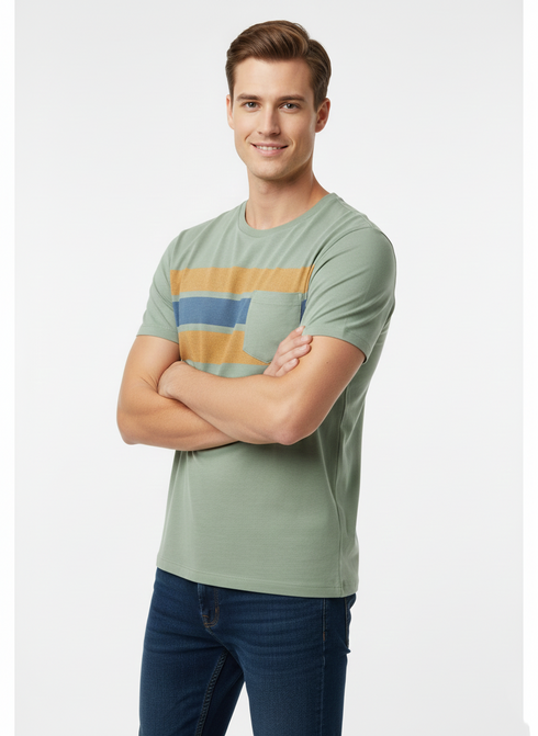 JACK & JONES PPREMIUM MEN’S CASUAL POCKET T-SHIRT – SAGE GREEN WITH CONTRAST STRIPES