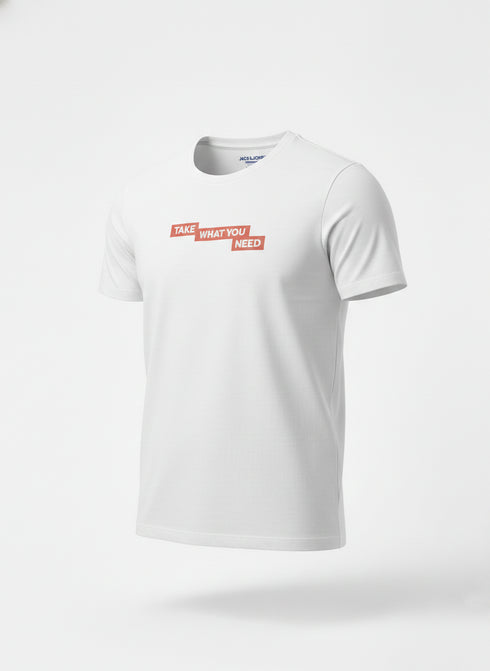 JACK & JONES PRINTED ROUND NECK T-SHIRT FOR MEN - '' TAKE WHAT YOU NEED'' | WHITE