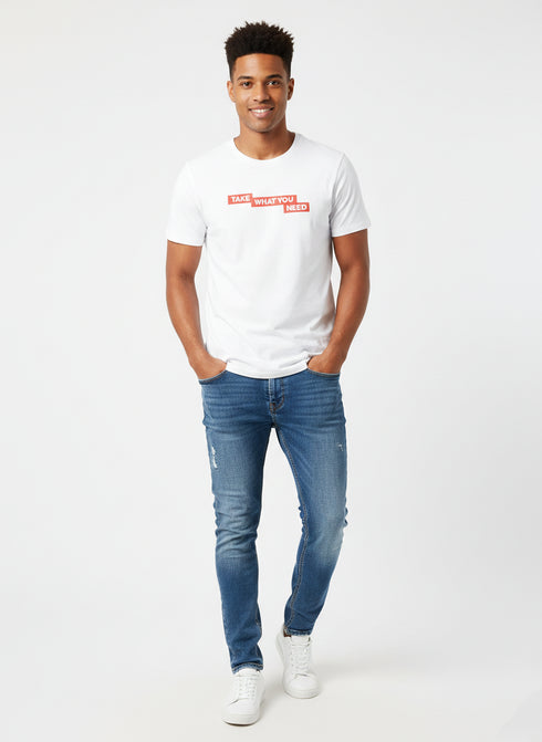 JACK & JONES PRINTED ROUND NECK T-SHIRT FOR MEN - '' TAKE WHAT YOU NEED'' | WHITE