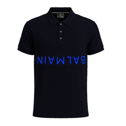 BALMAIN TEXT REVERSE EMBROIDERY POLO SHIRT | NAVY BLUE