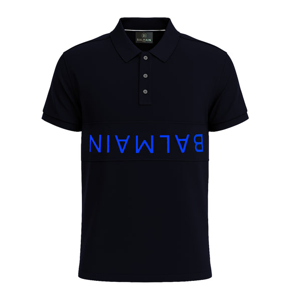 BALMAIN TEXT REVERSE EMBROIDERY POLO SHIRT | NAVY BLUE