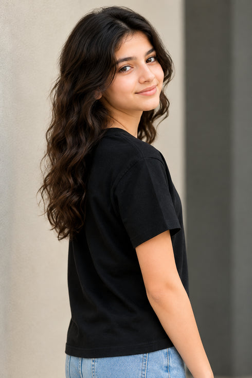ALL BASICS BLACK GRAPHIC PRINT CREW NECK T-SHIRT GIRLS