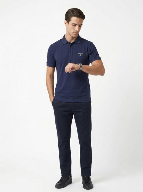 PRADA PIQUE MEN'S PLAIN TRIANGLE LOGO POLO | NAVY BLUE