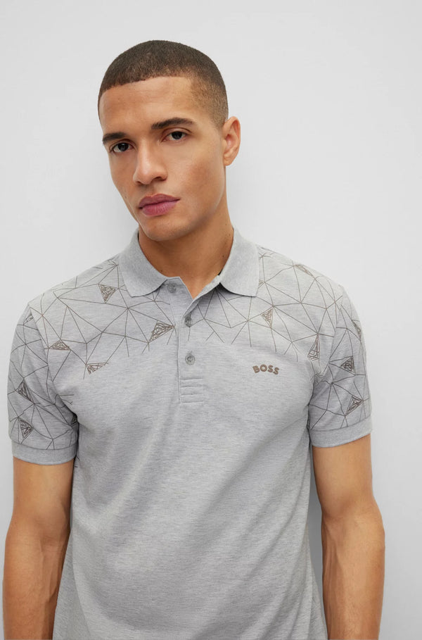 HUGO BOSS. COTTON REGUAR-FIT POLO SHIRT WITH GRID ARTWORK | LIGHT GRAY