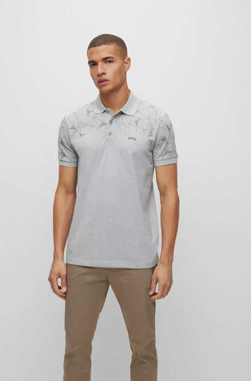 HUGO BOSS. COTTON REGUAR-FIT POLO SHIRT WITH GRID ARTWORK | LIGHT GRAY