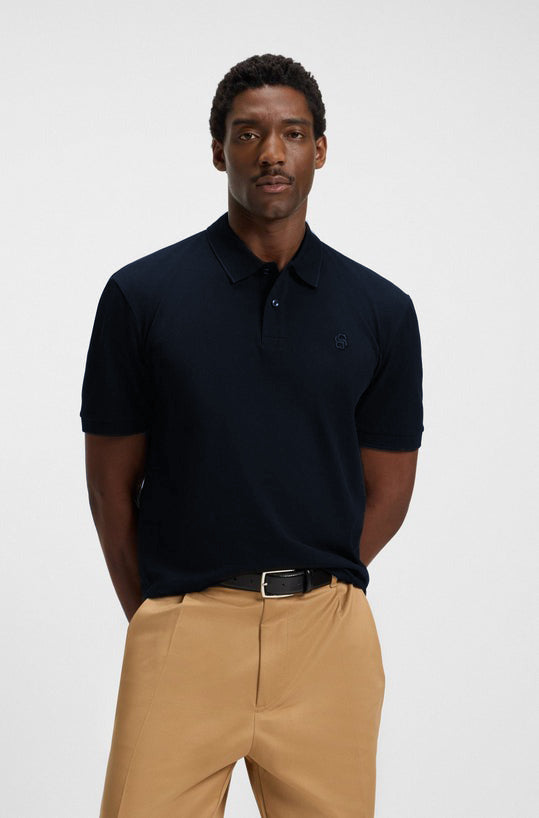 HUGO BOSS COTTON PIQUE POLO SHIRT WITH DOUBLE B MONOGRAM | DARK BLUE