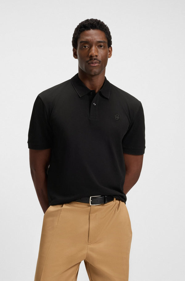HUGO BOSS COTTON PIQUE POLO SHIRT WITH DOUBLE B MONOGRAM | BLACK