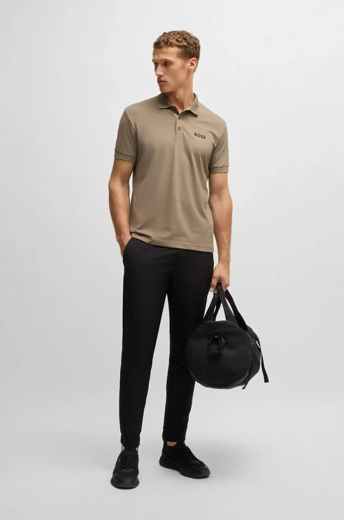 HUGO BOSS beige polo shirt with logo, stretch cotton, premium fit.