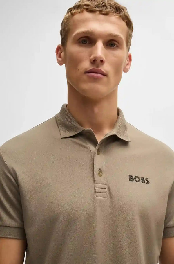 HUGO BOSS beige polo shirt with logo, stretch cotton, premium fit.
