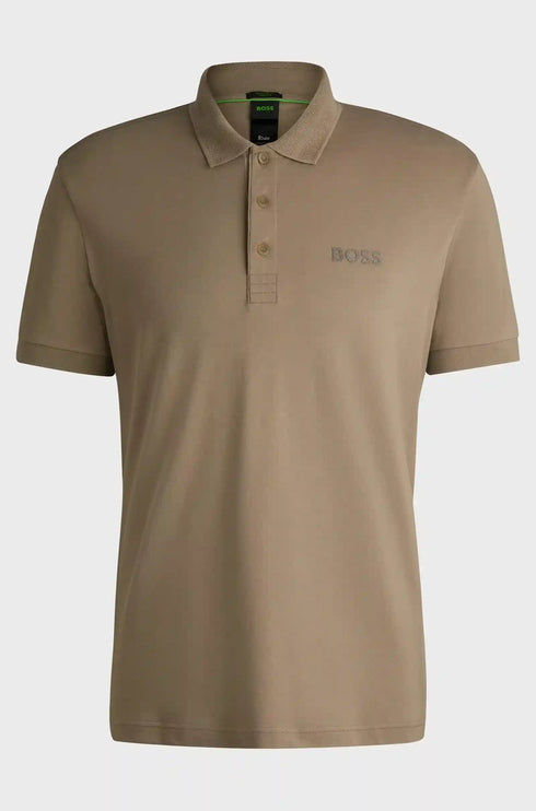 HUGO BOSS beige polo shirt with logo, stretch cotton, premium fit.