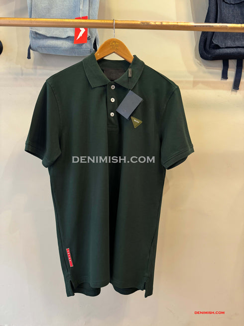 PRADA PIQUE MEN'S PLAIN TRIANGLE LOGO POLO | GREEN