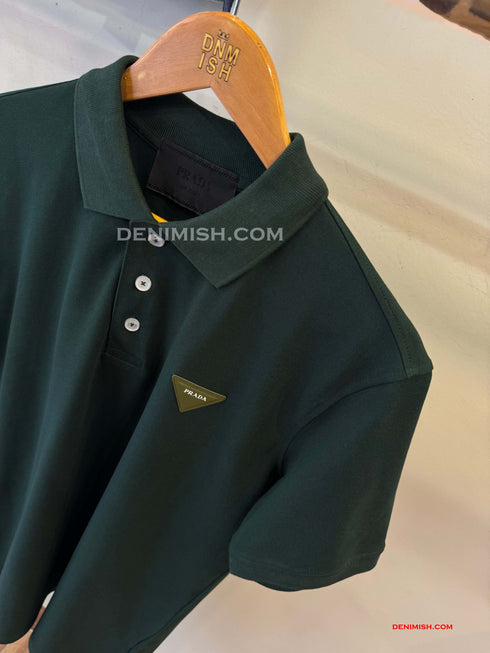 PRADA PIQUE MEN'S PLAIN TRIANGLE LOGO POLO | GREEN