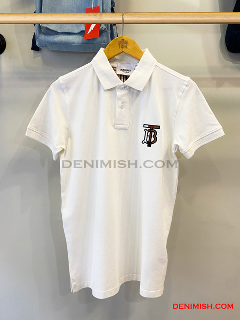 BURBERRY EKD-EMBROIDERED COTTON-BLEND POLO SHIRT | WHITE