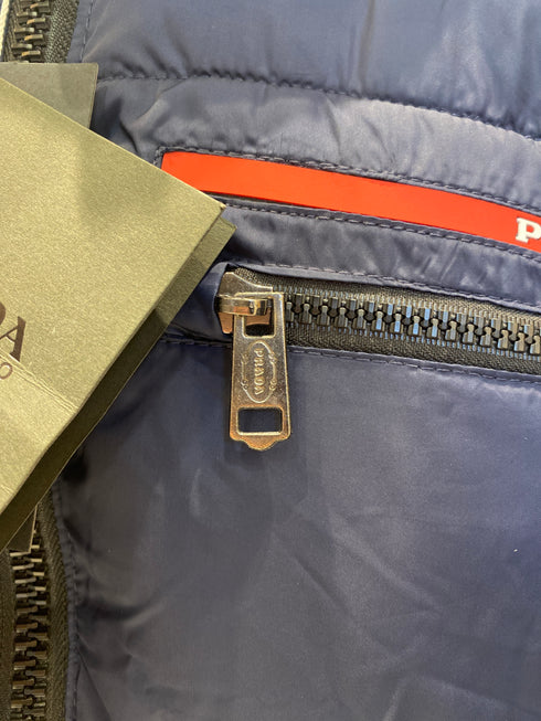 PRADA LUXURY PUFFER JACKET WITH PREMIUM LEATHER DETAILING | NAVY