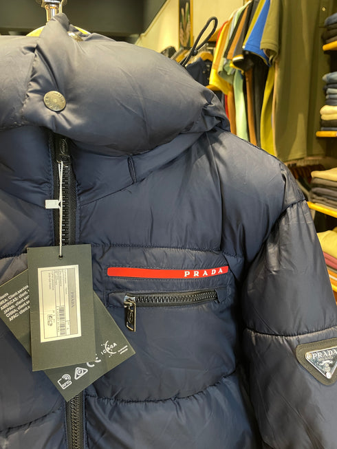 PRADA LUXURY PUFFER JACKET WITH PREMIUM LEATHER DETAILING | NAVY